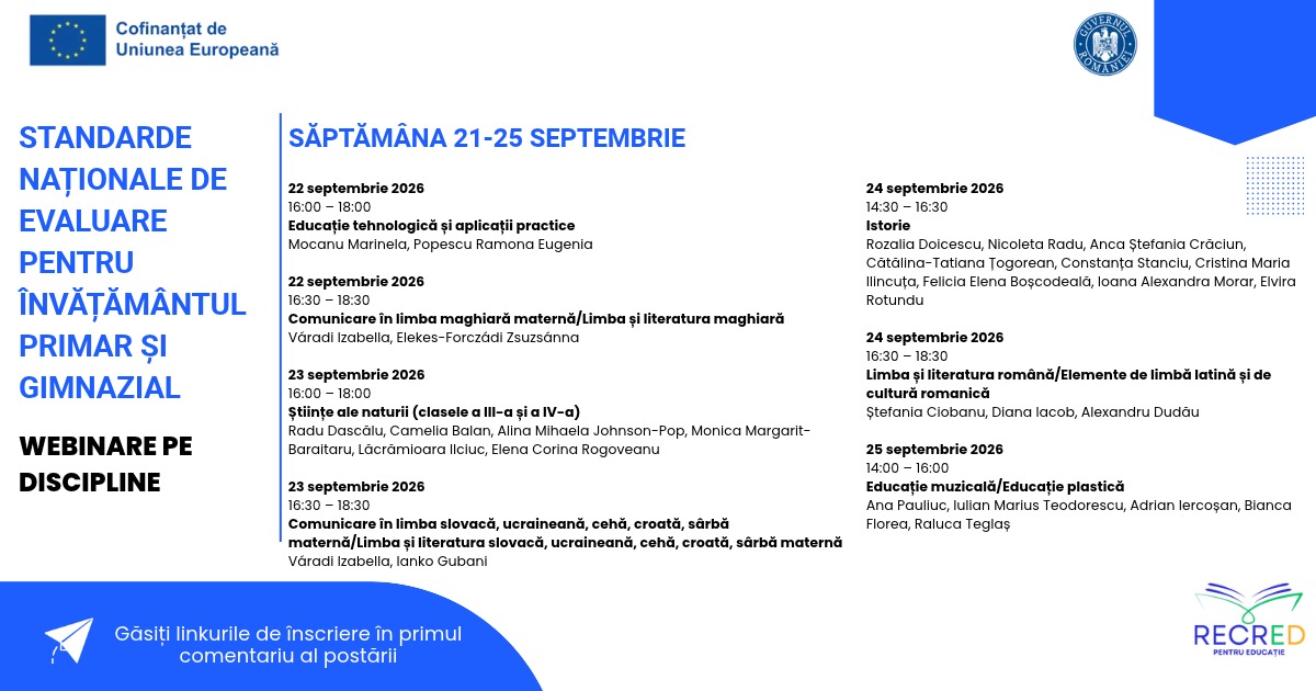 Programul celor șapte webinare RECRED despre standardele naționale de evaluare, din 22–25 septembrie 2026, cu discipline, ore și experți.